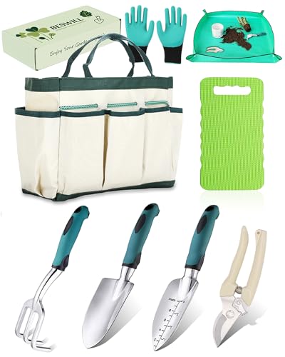 Beswill 8-Piece Heavy-Duty Gardening Tools Set with Tote Bag - Rust-Proof Aluminum...