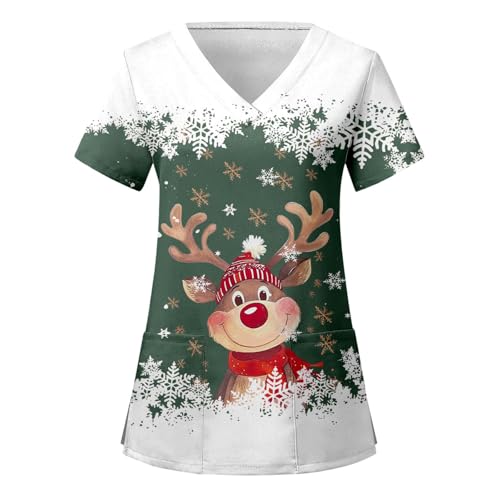 Exfoliantes navideños para mujer, con cuello en V, ultra suave, estampado de Papá Noel de manga corta, con bolsillos camisetas de trabajo, túnicas de belleza, divertidas camisetas de