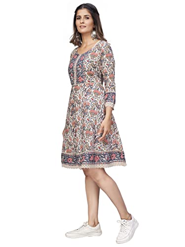 Image of Vbuyz Women's Floral Print Flared Cotton Beige Stitched Dress