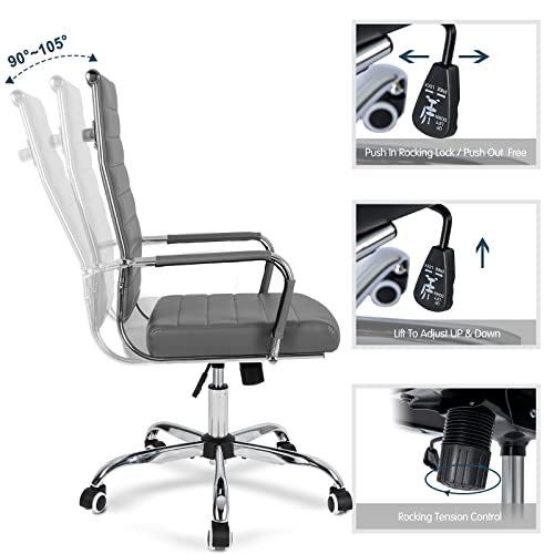 Bowthy Home Office Chair Ribbed, Modern Leather Conference Room Chairs, Ergonomic Office Desk Chair, High Back Executive Computer Chair, Adjustable Swivel Chair With Arms (Grey) #TOP4