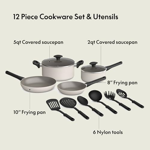 Image of bella 12 Piece Cookware Set with EverGood Ceramic Nonstick Coating, Dishwasher & Oven Safe, All Stovetops Compatible, Tempered Glass Lids and Cool Touch Handles, Oatmilk