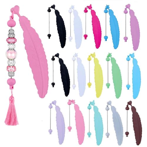 Frinnovan 15 Packs Beadable Bookmarks with Bar Bulk Feather DIY Blank Bookmark for Beads Jewelry Pendants Charms Beading Book Make Marks Craft Colorful (13 Colors)