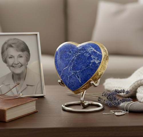 eSplanade Brass Mini Cremation Urn Heart-Shaped Keepsake Memorial Jar Pot Container | Small Urn for Funeral Ashes Burial | Stone Textured Keepsake with Stand | Blue - 2.75 Inches