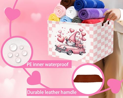 Image of Valentines Day Basket Large Foldable Heart Shaped Storage Box for Gifts Kids Empty Storage Bins Rectangular Toy Organizer Decor (Pink Gnome Car)