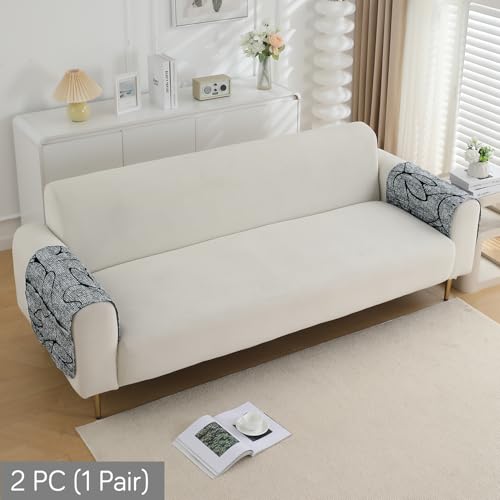Image of HOKIPO 'Elira Series' Digitally Printed Water Repellent + Waterproof Sofa Armrest Cover with Pockets (2Pcs) - Intense Grey Abstract Floral (NEW-AR-5251-C2*2)