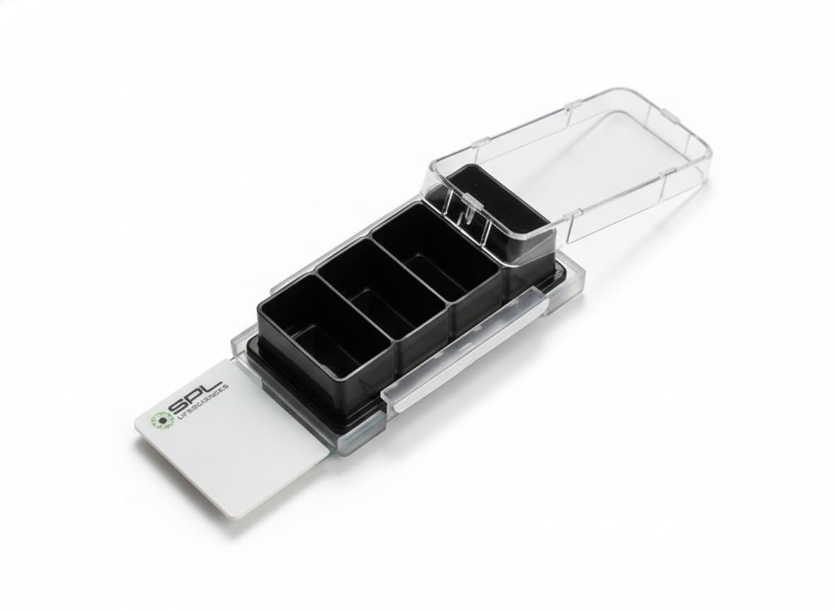 SPL Cell Culture Chamber Slide, Black, 4 Wells, PS Frame, Glass Slide, PP Holder, 0.5~1.3ml, Sterile, Case of 12 // 2 Pack of 6