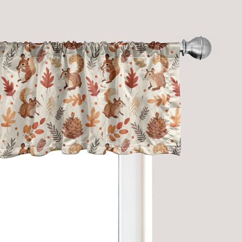 Ambesonne Fall Window Valance, Vintage Farmhouse Autumnal Theme with Squirrels Pinecones and Leaves Print, Curtain Valance for Kitchen Bedroom Decor with Rod Pocket, 54" X 12", Beige Brown and Cocoa