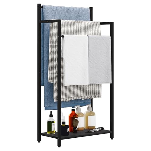 yeavs Freestanding Towel Rack, 3 Tier Blanket Ladder Stand with Black Wooden Shelf for Bathroom Living Room (31.5”H x 16.9”W x7.9”D)