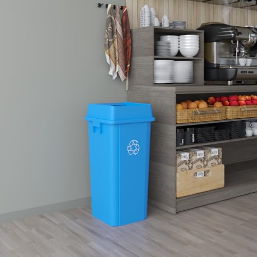 Image of 23 Gallon Blue Square Commercial Trash Garbage Can with Lid | Outdoor Office Restaurant School Kitchen
