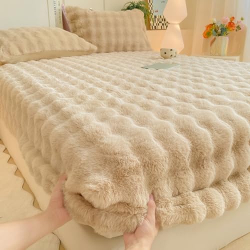APSEQR Rabbit Fur Velvet Fitted Mattress Topper, Soft and Breathable Mattress Pad Cover, Elastic Bed Sheet Protector, Cozy Comfort for All Seasons (200x220cm, Bubble Khaki Camel)