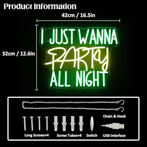 Image of I Just Wanna Party All Night Neon Sign Green Yellow Letter LED Party Decor