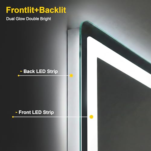 Image of LED Bathroom Mirror with Lights, 24 inchx40 inch Lighted Vanity Mirror for Wall | Anti-Fog, Dimmable 3 Color Light, Backlit+Frontlit, Shatterproof Tempered Glass, Memory Function