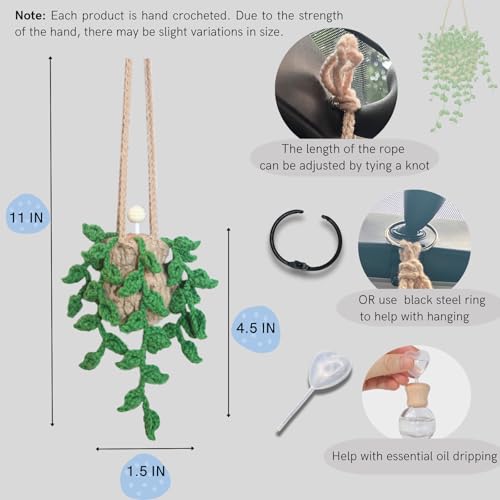 Image of ROFIGL Handmade Crochet Hanging Car Air Freshener,12ml Empty Refillable Oil Diffuser Bottle with Crochet Hanging succulents Plant for Car Rearview Mirror for Home, and Office Hanging Diffuser Decor