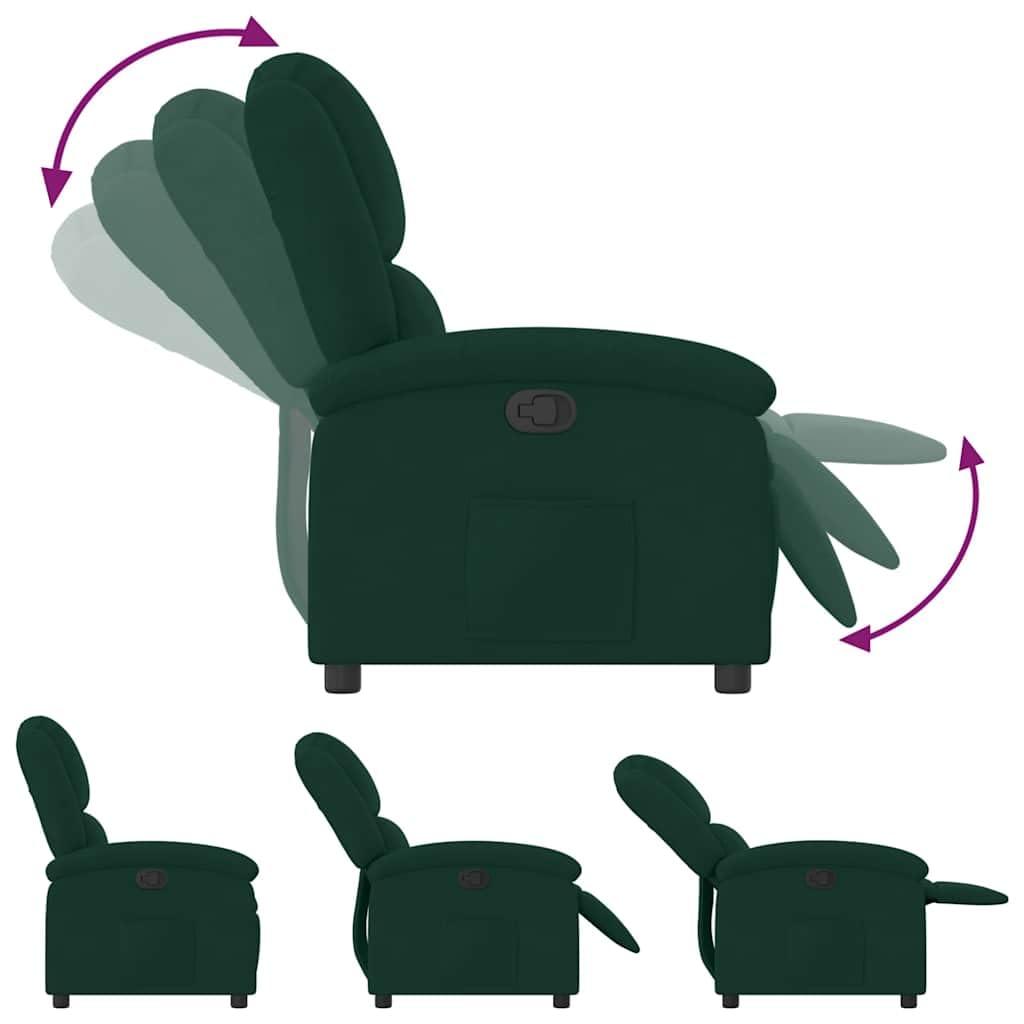 Fotel relaksacyjny, ciemnozielony aksamit z ręczną funkcją leżenia, regulowane oparcie i podnóżek, ergonomiczny fotel tapicerowany z podłokietnikami, rama drewniano-metalowa do salonu i