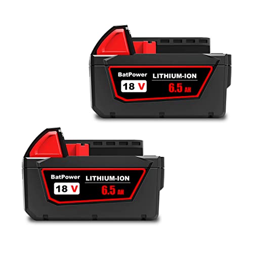 BatPower 2 Pack 48-11-1865 18V 6.5AH Lithium XC6.0 Extended Capacity Battery Replacement for Milwaukee 18V Battery M18 6.0Ah 5.0Ah 4.0Ah 3.0Ah 48-11-1860 48-11-1850