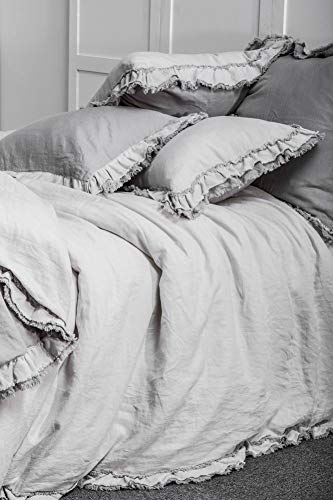 meadow park Washed French Linen 3 Pieces Duvet Cover Set, Reversible, King Size, Super Soft, Ruffle Style, Grey Color - Thumbnail 4