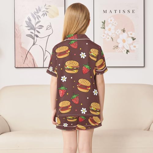 ALAZA Strawberry Hamburger Floral Retro Pajamas Satin Pajama Set Short Sleeve Button Down Sleepwear4