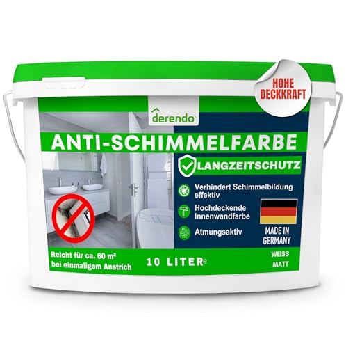 derendo Anti-Schimmelfarbe Weiß 10 L – Wandfarbe gegen Schimmel, Feuchtraumfarbe für Badezimmer, Küche & Schlafzimmer, Innenfarbe mit hoher Deckkraft & Langzeitschutz
