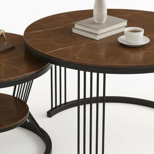 Image of RIZIK Store Iron Frame Handmade 20.5 inch x 20.5 inch Round Coffee Table /Nesting Table /Side Table /Center Table with Engineered Wood Top for Living Room /Drawing Room /Balcony (Brown Black)