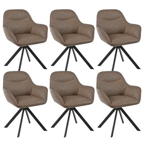 Goeurvant Lot de 6 Chaise Pivotante Simili Cuir Marron Salle à Manger à 360° Chaise de Cuisine avec Accoudoirs Chaise Salon Fauteuil Pieds en Métal
