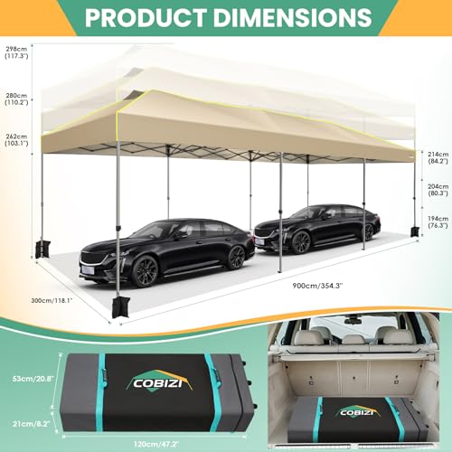 Image of COBIZI 10x30 Pop Up Canopy, Wedding Party Tent Without Sidewall One Push Setup Glow, 3 Adjustable Height Air Vent Waterproof UPF50+, Wheeled Bag, 4 Sandbag, 8 Stake, Ropes for Commercial, Outdoor
