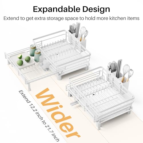 Image of SNTD Dish Drying Rack - Extendable Dish Rack, Large Sink Drying Dish Drainer for Kitchen Counter, Stainless Steel Dish Strainer with Utensil Holder (White)