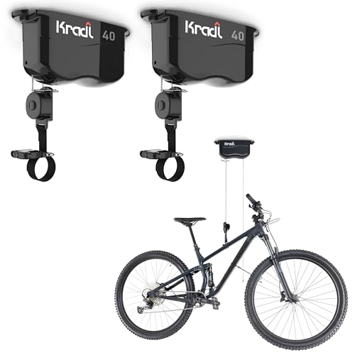 Kradl 2-Pack (40 Pound / 40 Pound). Ceiling Mount Bike Lift and Rack. Bicycle Storage Hoist Without Electricity Clumsy Ropes or Pulleys.