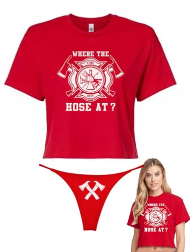 Where The Hose Firefigther Firemans Lingerie Crop Top Thong For Women Funny Gag Cosplay Halloween (Pack of 2) Set Medium