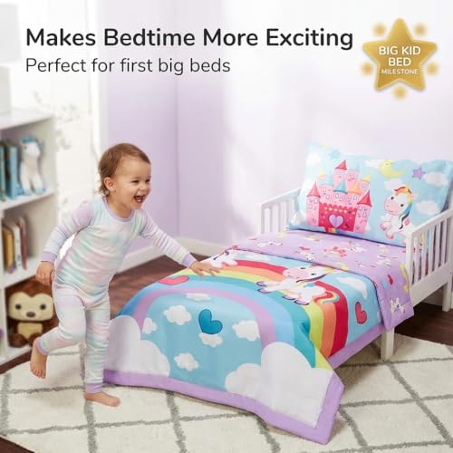 Image of EVERYDAY KIDS 4 Piece Toddler Bedding Set - Unicorn Dreams - Includes Comforter, Flat Sheet, Fitted Sheet and Reversible Pillowcase