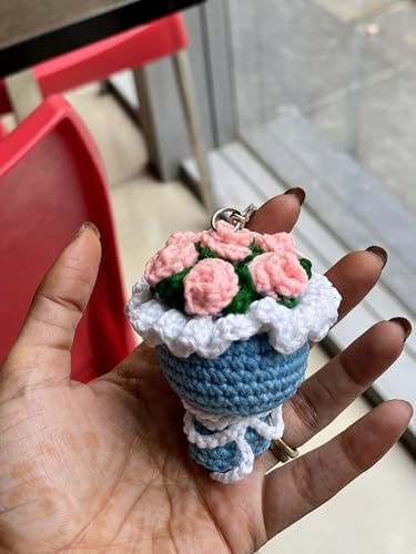 Image of Handmade Crochet Floral Bouquet Keychain, Blue Base with Pink Roses, White Cloud Detail, Decorative Bag Charm