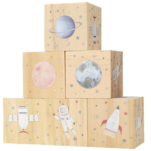 Image of 6 Pcs Space Rocket Nursery Decor Blocks Wooden Shelf Decor for Baby Nursery Room Kids Bedroom