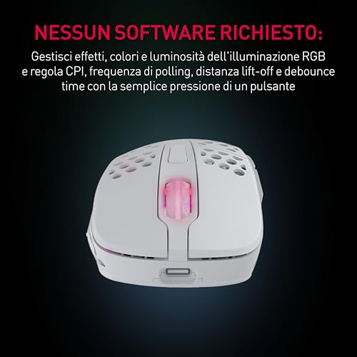 M4 Wireless, Mouse da Gioco Ultraleggero Senza Fili, Ottimizzato per Gaming Competitivo, Wireless 2,4 GHz, Illuminazione RGB, Mouse Ergonomico per Destrimani Adattabile Ricaricabile, Bianco - Mouse gaming - Immagine 6