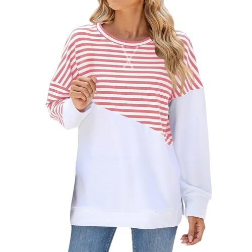 Generisch Ringelshirt Damen Oversized Farbblock Sweatshirt mit Seite Split Basic Rundhal Langarm Tshirt Karneval Oberteile Locker bequeme Blusen Y2K Sweatshirt Streetwear Freizeit-Shirt, Rosa., XL