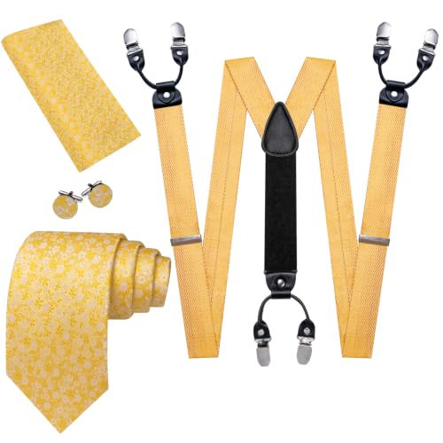 Image of Barry.Wang Men Suspender Tie Sets Elastic Heavy 6 Clips Hanky Cufflink 5PCS