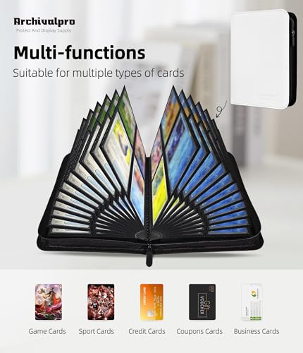 Image of Premium 4 Pocket Card Binder, Holds 160 Cards for MTG TCG Sports Game Cards(White,4 Pocket) | Side-loading card binder with zipper and no-ring design. Holds 160 cards in clear pockets.