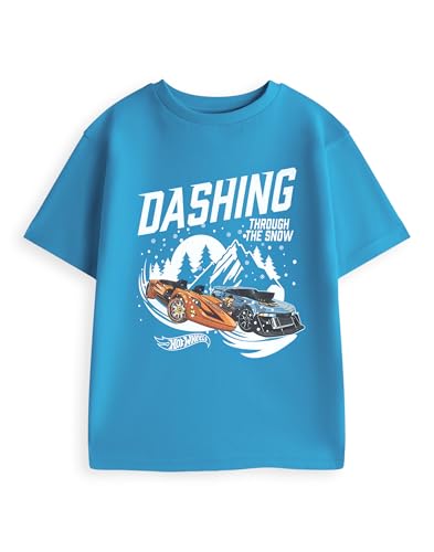 Image of Hot Wheels Boys Blue Dashing Short Sleeved T-Shirt | Graphic Tee with 'Dashing Through The Snow' Print | Holiday & Casual Wear Merch - 3-4 Years