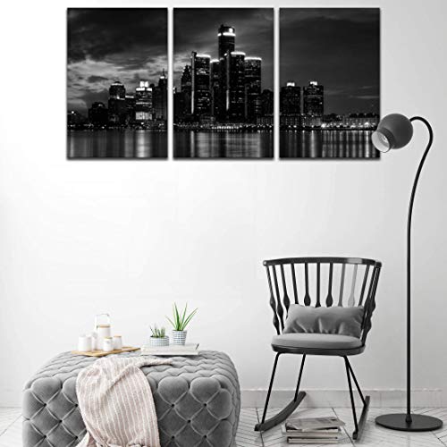 Nan Wind 3 Pcs Wall Art Beautiful Detroit Skyline Black & White Canvas Art Paintings For Room Decor Cityscape Skyscrapers Night Scene Picture Prints On Canvas For Home Decor Modern Giclee Framed #TOP4