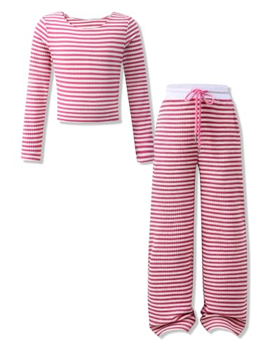 Klyatpxoen Girls Clothes 2 Pcs 13 14Y Outfits Spring Striped Long Sleeve Top High Waist Drawstring Wide Leg Pants Fall Outfits Clothes For Teen Girls Trendy Set (Pink,13-14Y)