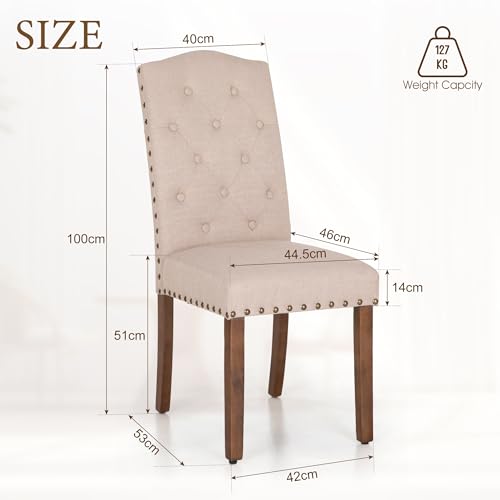 ALPHA HOME Tufted Dining Chairs Set of 2, Linen Fabric Diner Chairs Upholstered Padded Modern Dining Room Chairs with Button Back Wooden Frame Stylish Kitchen Chairs, Beige - Image 4
