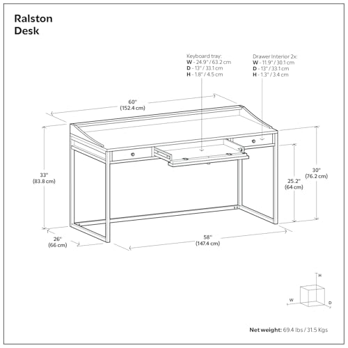 Image of SIMPLIHOME Ralston Desk - 60 Inch Wide Solid Acacia Wood and Metal Writing Desk in Distressed Charcoal Brown, Modern Industrial Home Office Computer Table with 2 Drawers and Flip-Down Keyboard Tray