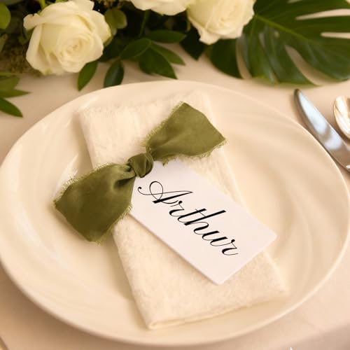 YEWROXY 12PCS Place Cards for Table Setting, 3.54"x1.96" Table Name Cards with Ribbon, Gift Name Tags for Wedding Dinner Banquet Party Festival(Olive Green)