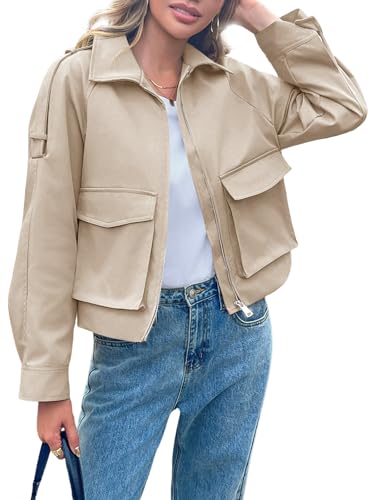 Tankaneo Womens Cropped Casual Jackets Zip Up Lightweight Utility Anorak Coat Military Safari Short Jacket with Pockets