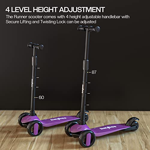 Image of Baybee Alpha Kick Scooter for Kids, Smart 3 Wheel Kids Scooter with 4 Height Adjustable Handle, Runner Scooters with Led PU Wheels & Brake, Skate Scooters for Kid 3 to 10 Years Boys Girls (Violet)