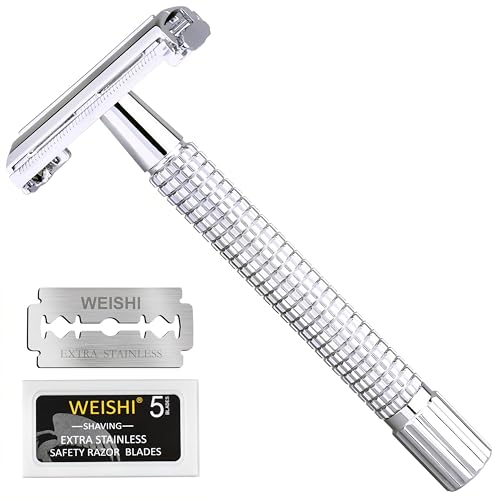 WEISHI Butterfly Open Double Edge Safety Razor for Men, Chrome Long Handle with 5 Stainless Razor Blades Included, Reusable Wet Shave Tool for Smooth, Close Shave