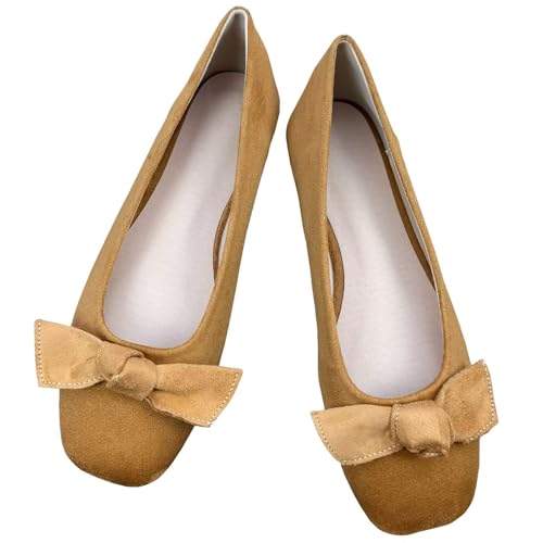 WENJIAZHIZHI Women's Bowknot Square Toe Ballet Flats Elegant Wedding Party Shoes Female Comfortable Walking Slip-Ons Loafers