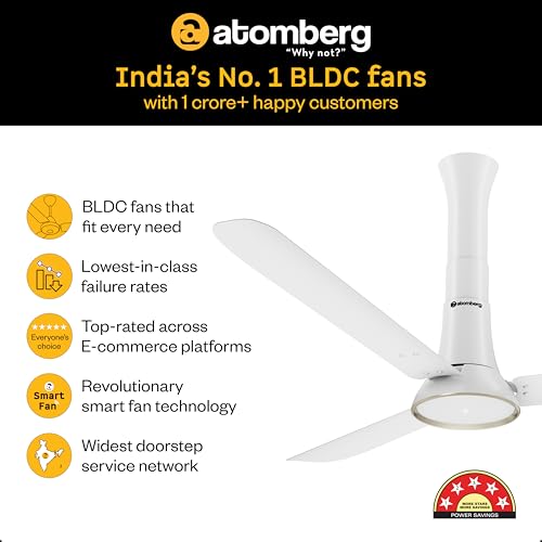 Image of atomberg Studio Ventra 1250mm BLDC Ceiling Fan with Remote Control | BEE 5-Star Rated | Advance Air+ Technology | LED Speed Indicator | Low Noise | 5 Year Warranty | Snow White