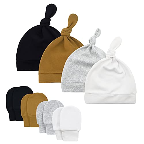 Image of Baby Newborn Hats and Mittens Set 0-6 Months Cotton Beanie Top Knot for Baby Boys Girls Winter