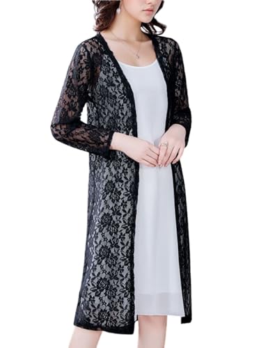 FindThy Women’s Casual Long Duster Cardigan 3/4 Sleeve Open Front Embroidered Lace Kimono Cover Up