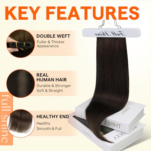 Image of Full Shine Brown Weft Hair Extensions Real Human Hair Straight Remy Hair Bundles 105G Double Weft Extensions Dark Brown Sew In Hair Extensions Human Hair Weave Extensions Hair Wefts 24 Inch