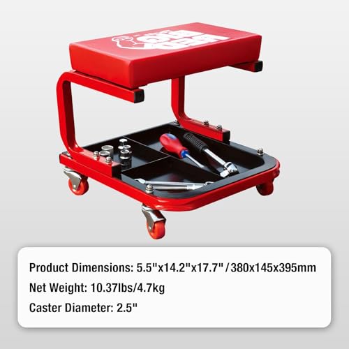 Image of Big RED Rolling Mechanic Stool | 360 swivel casters; 250-lb steel frame; 3-zone tool tray; 14 inch waterproof padded seat; for garages, auto shops & DIY